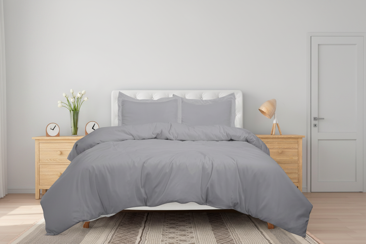 Silver grey duvet cover set in minimal bedroom with white tulips, wooden lamp and neutral rug