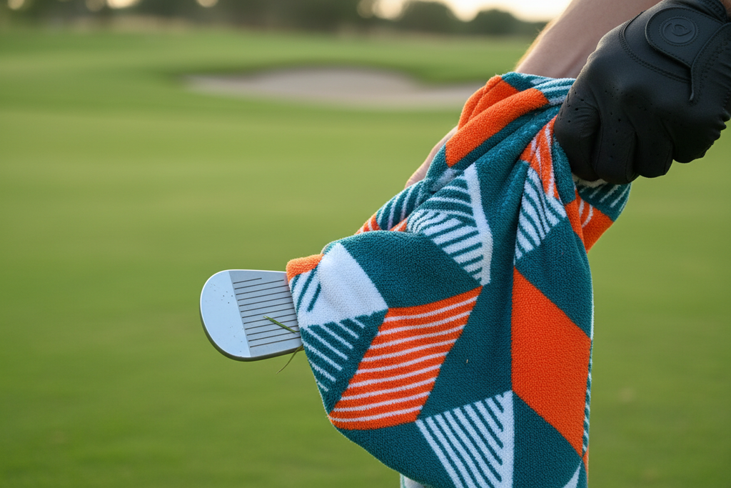 RokFit Gym Towel - golfer wiping golf club with graphic microfibre towel