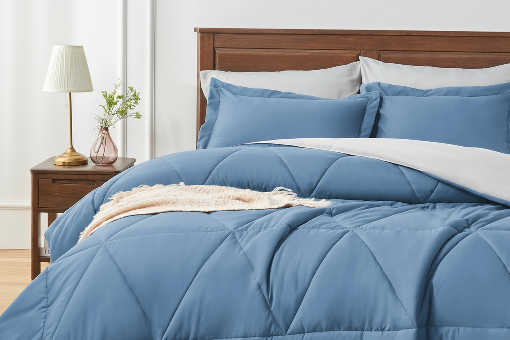 Blue and grey reversible microfibre comforter folded to show both the blue side and grey reverse side simultaneously