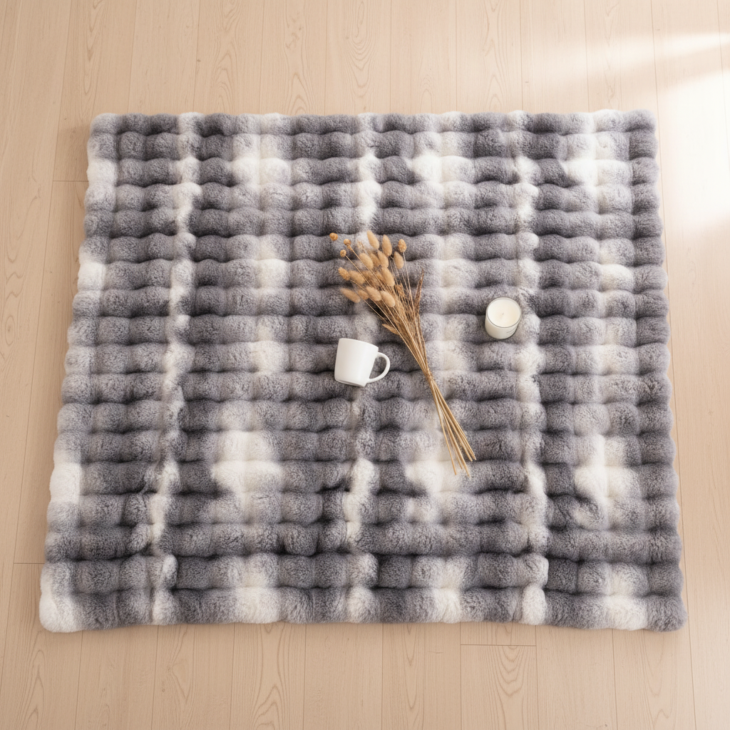 Flat lay of Tie-Dye Faux Fur Blanket styled with a mug, dried flowers and candle