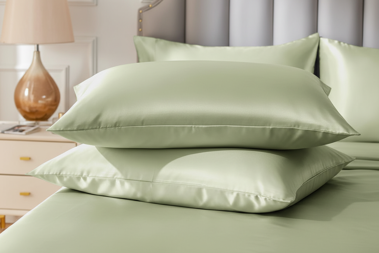 Sage satin pillowcases close-up showing silky smooth surface