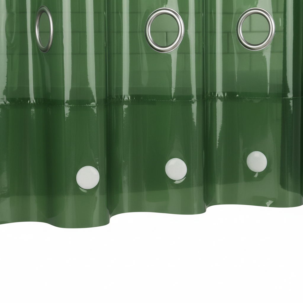 Close-up of pine green PEVA shower liner showing weighted magnets at the hem and rust-resistant metal grommets at the top