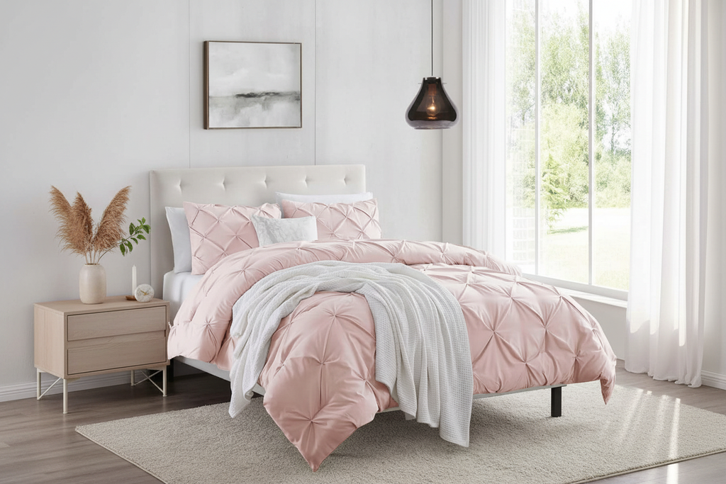 Blush pintuck duvet cover set in Scandi-luxe minimal bedroom with oak bedside table and pampas grass