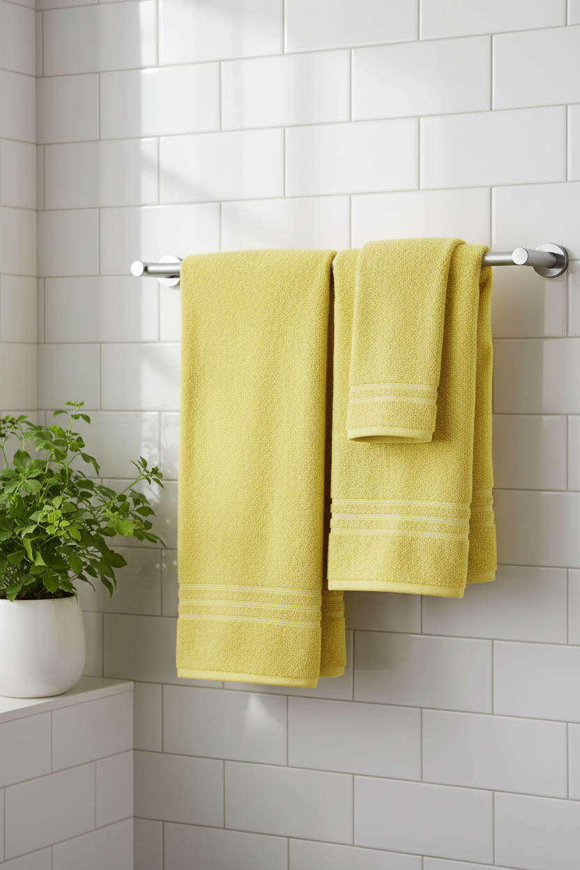 Bright yellow cotton bath towels hanging on white towel rail in minimal bathroom