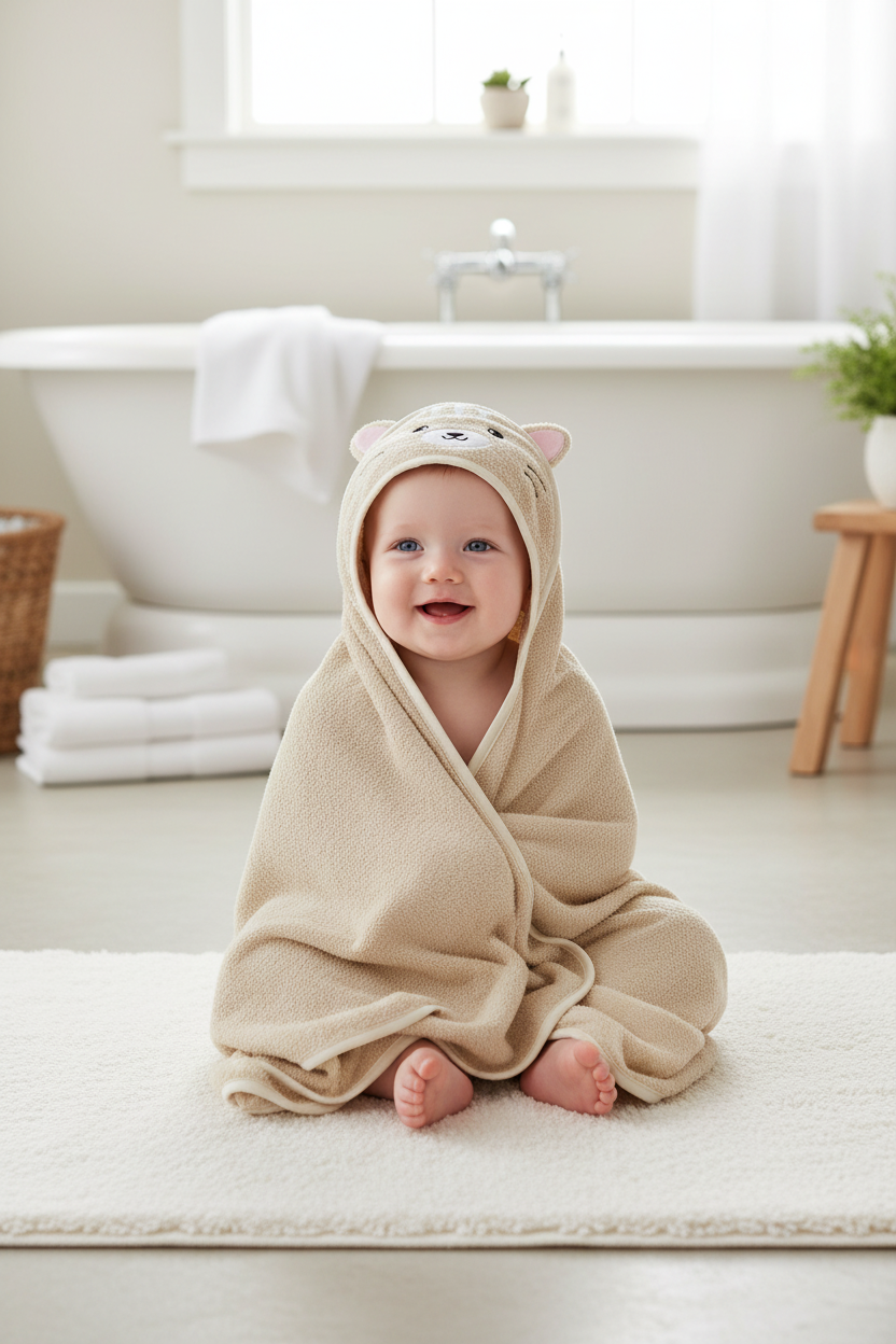 Smiling baby wrapped in a beige bamboo hooded towel with embroidered cat face hood sitting on a white bath mat