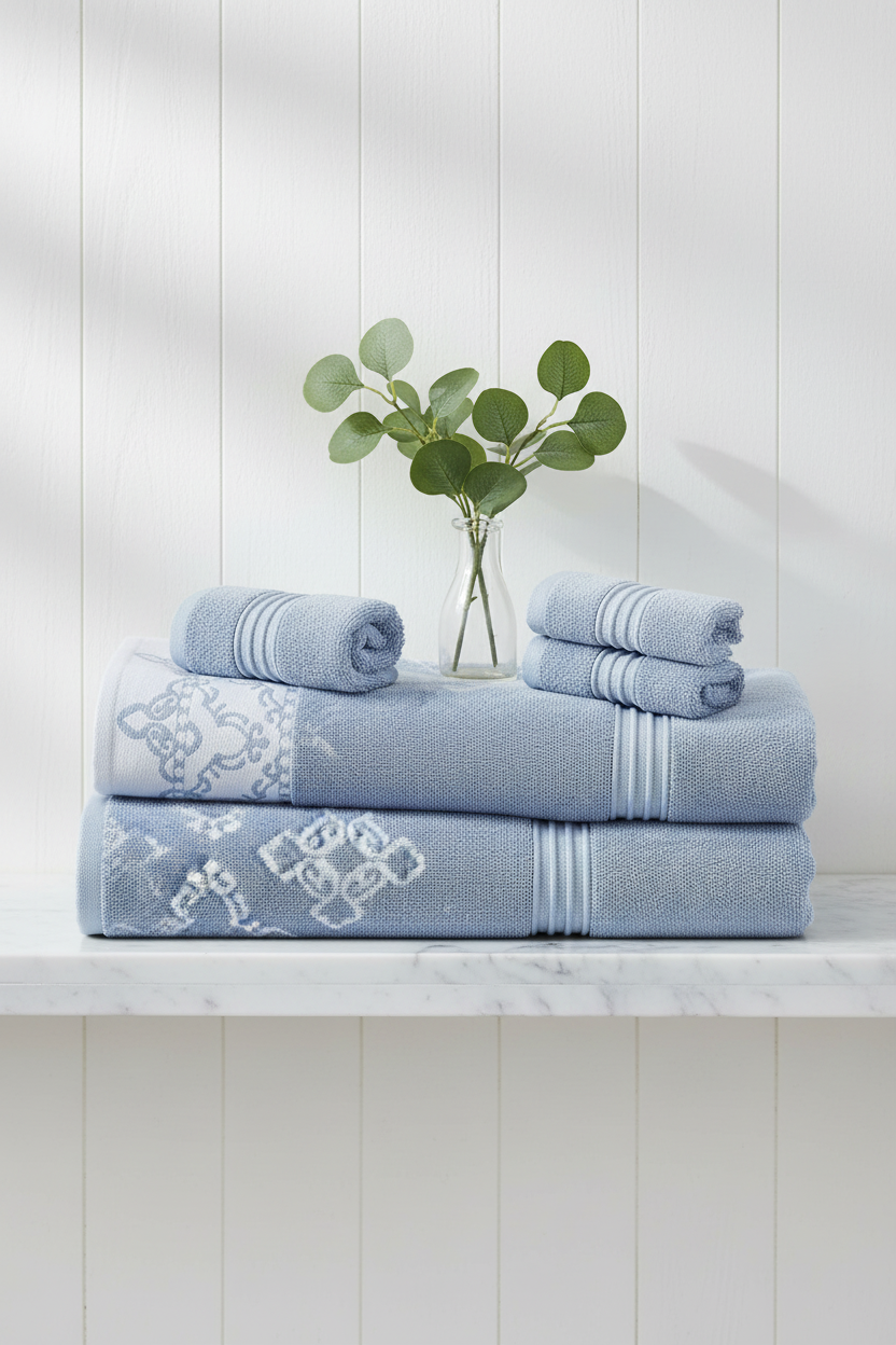 Blue jacquard towel set folded on marble bathroom shelf with eucalyptus
