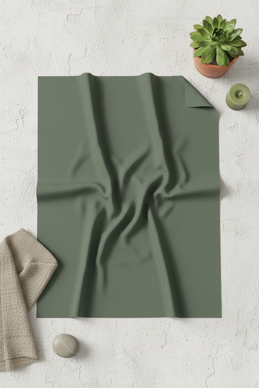 Earthy flat lay of olive green fabric with succulent, linen towel, pebble and green candle on concrete surface
