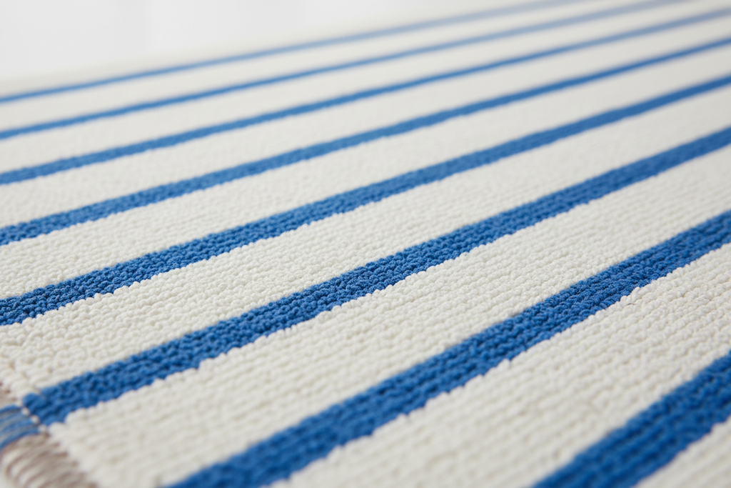 White and cobalt blue striped Turkish cotton bath mat close-up texture detail