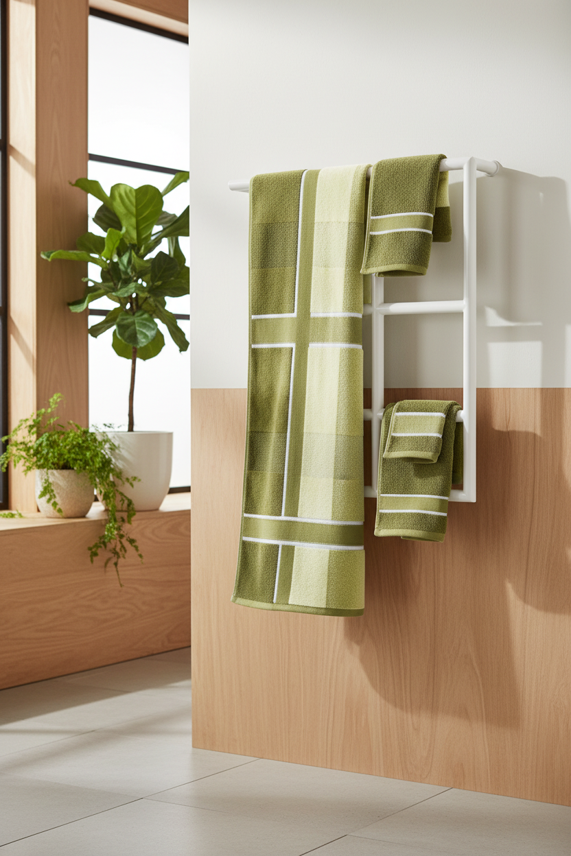 Green striped cotton velour bath and hand towels hanging on white towel rail
