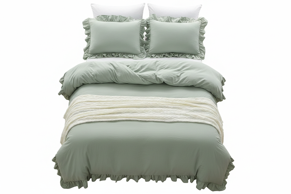 Sage Ruffle Duvet Cover Set - Flat Lay