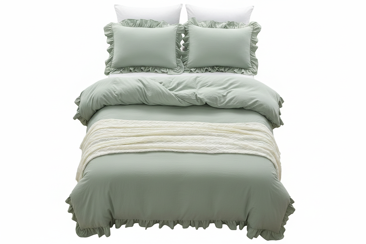 Sage Ruffle Duvet Cover Set - Flat Lay