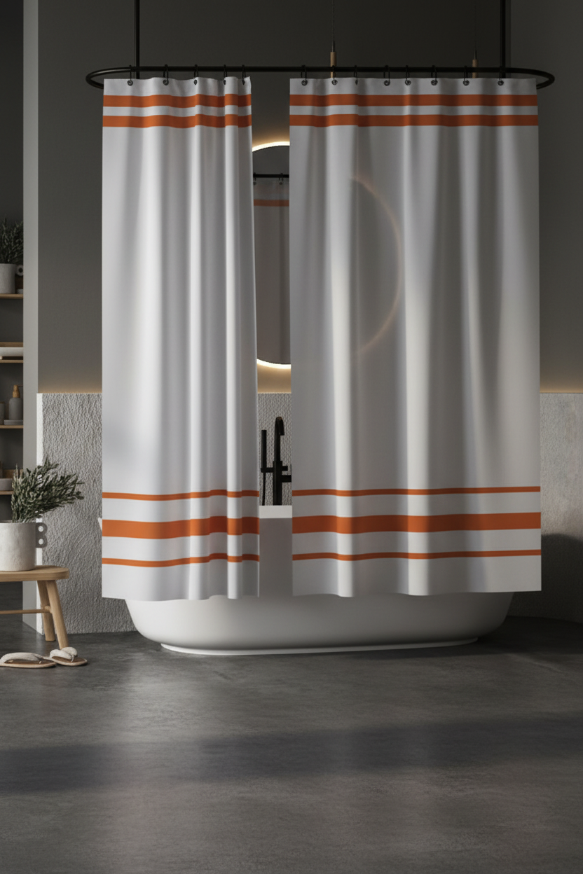 White shower curtain with orange border stripes in a moody contemporary bathroom with dark grey walls and matte black fixtures