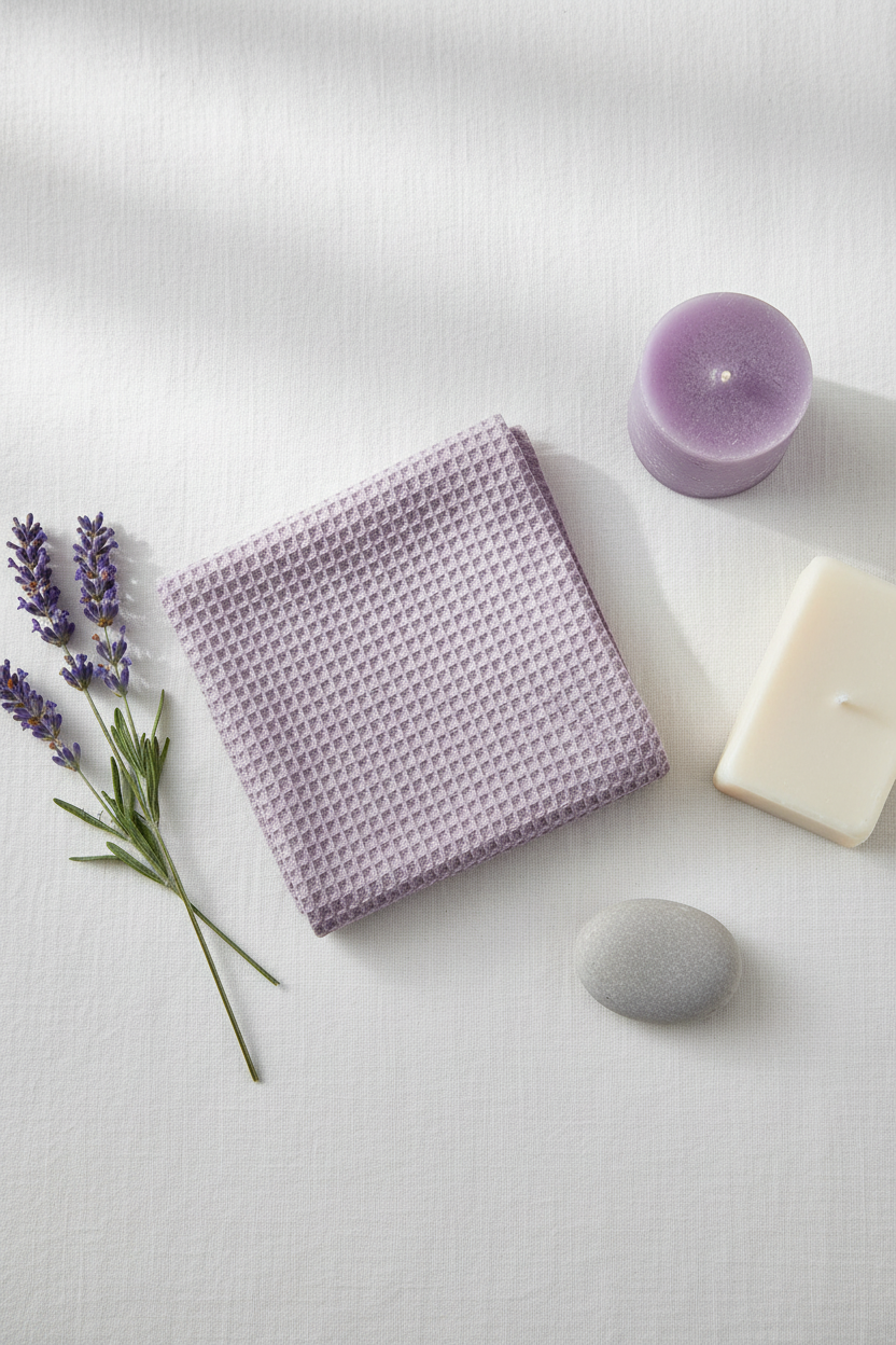 Spa flat lay of lavender waffle fabric with fresh lavender sprig, purple candle, soap and pebble on linen