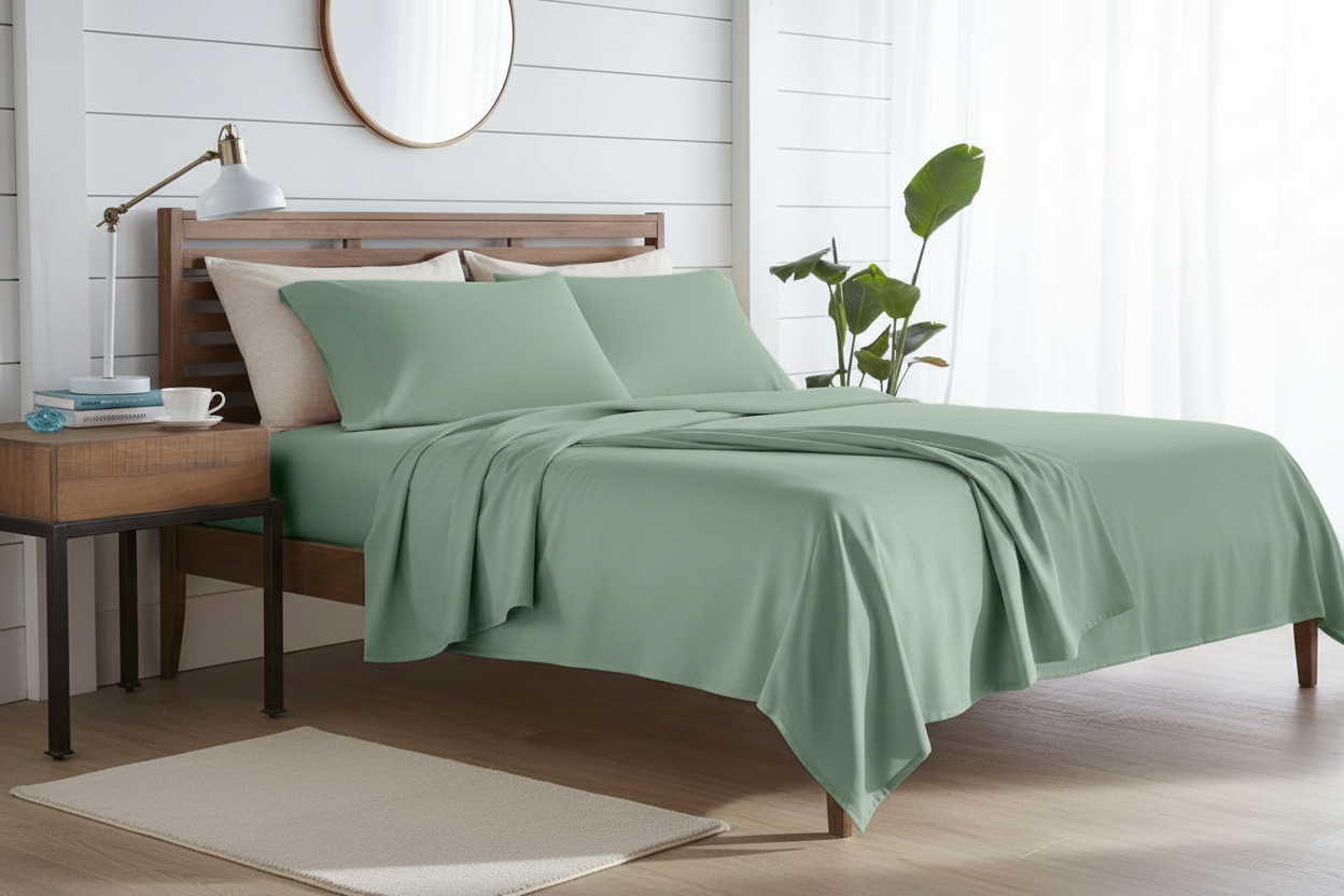 Lush Sateen Full Sheet Set in Sage - wide bedroom morning scene