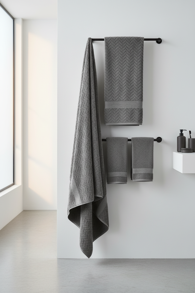 Charcoal grey oversized bath sheets and hand towels hanging on matte black towel rail