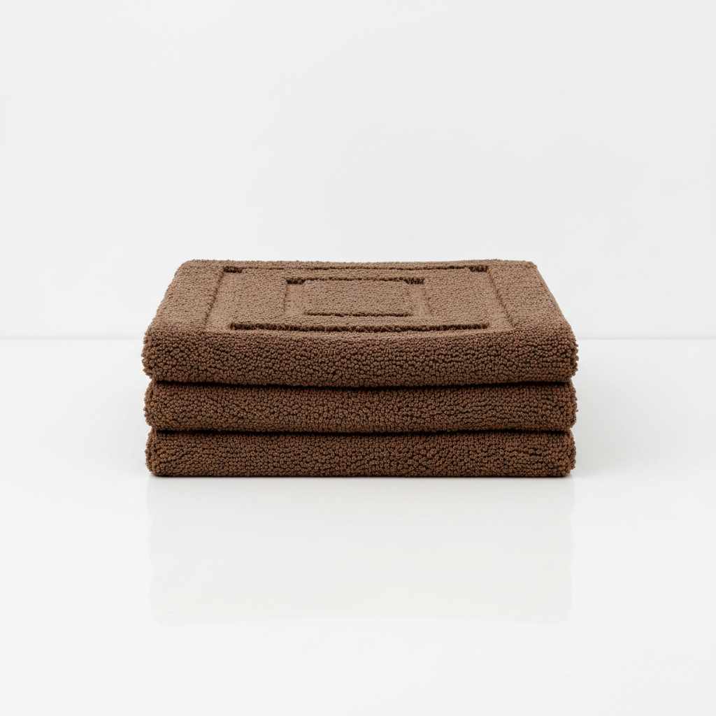 Brown microfiber bath rugs neatly folded and stacked showing plush pile texture and geometric border