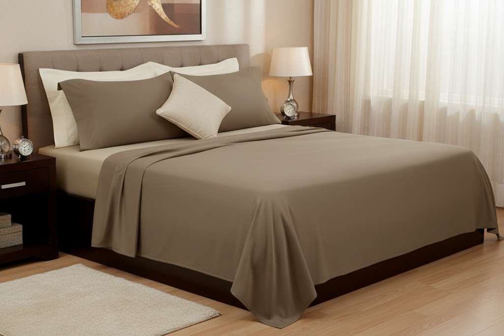 Taupe Egyptian Cotton Bed Sheets - side angle view