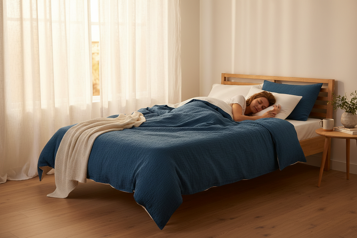 Lifestyle bedroom scene with peacock blue cooling sheet set