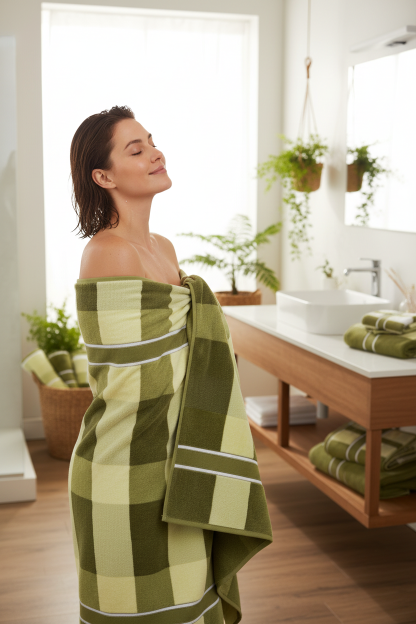 Woman wrapped in green striped cotton velour bath towel in natural bathroom
