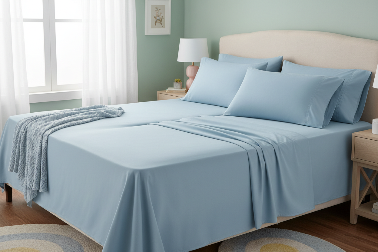 Baby blue extra deep split king sheet set on adjustable bed