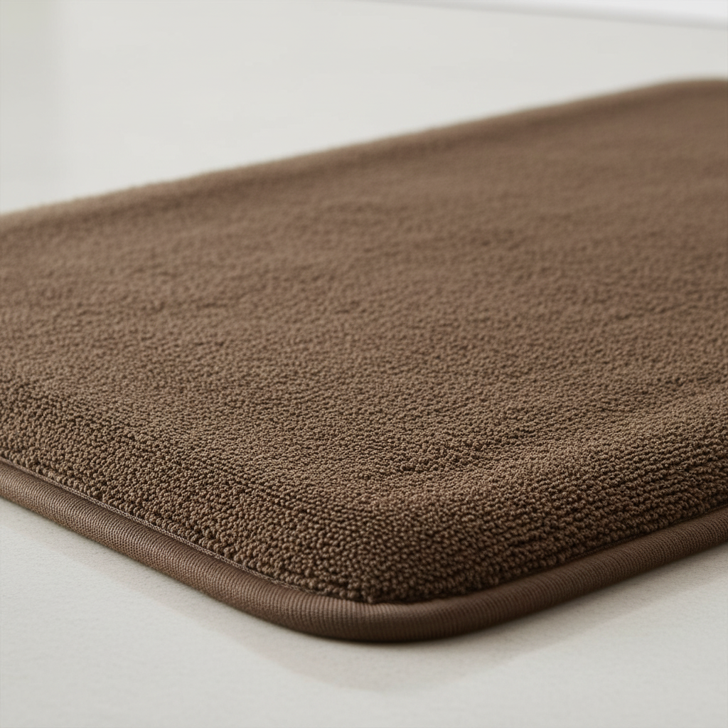 Close-up of brown memory foam bath mat showing velvet microfiber surface texture
