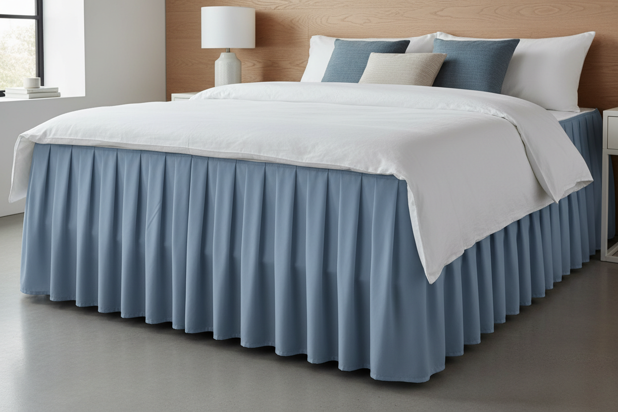 Blue pleated microfiber bed skirt on bed