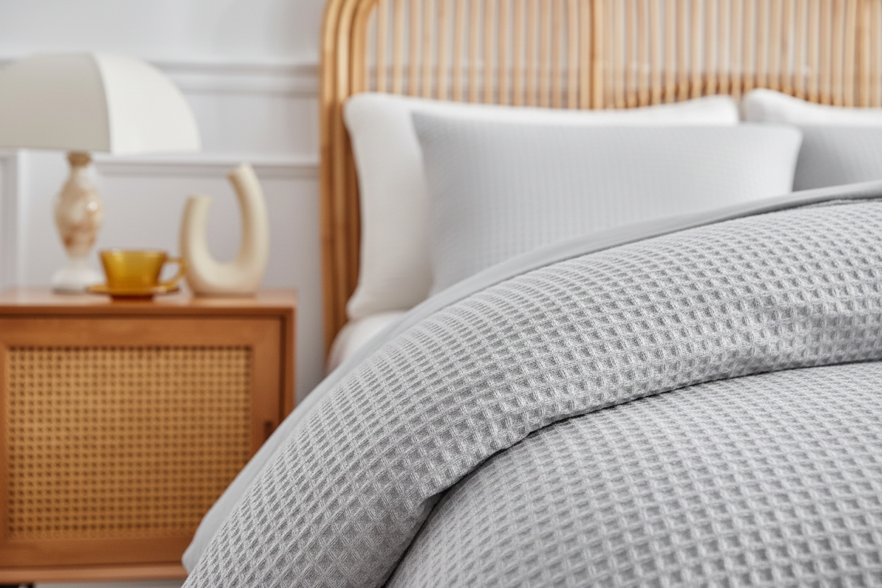 Detail of light grey waffle weave pillowcase showing raised square texture and clean edge finish
