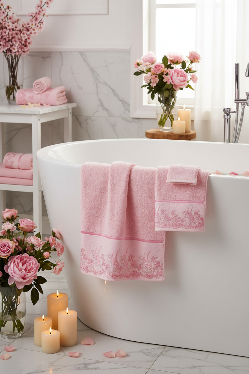 Pink plush towels with floral lace border draped over white freestanding bathtub
