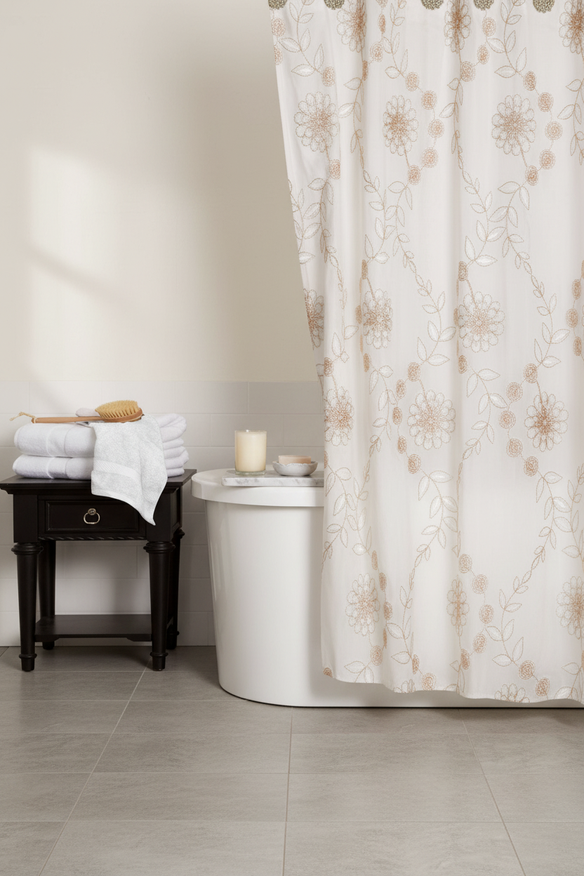 Spa-style bathroom with rose vine shower curtain partially drawn, marble tray with candle