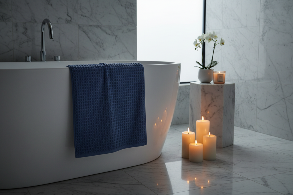 Dark blue cotton waffle bath towel draped over a freestanding bathtub