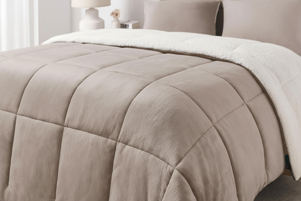 Close-up detail of brown sherpa comforter showing warm brown micromink top with box stitching and plush cream sherpa reverse