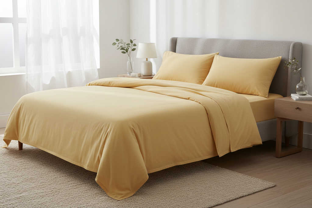 Mellow yellow microfiber double bed sheet set on double bed