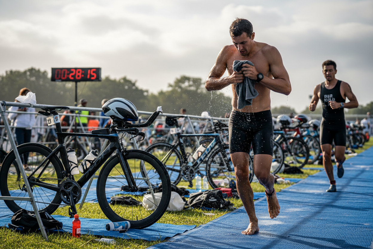 Swim Chamois Towels - triathlete drying off at transition zone