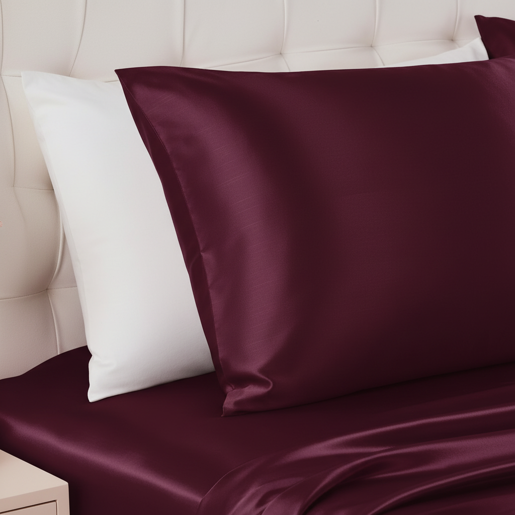 Burgundy satin pillowcase close-up showing silky texture and elegant drape