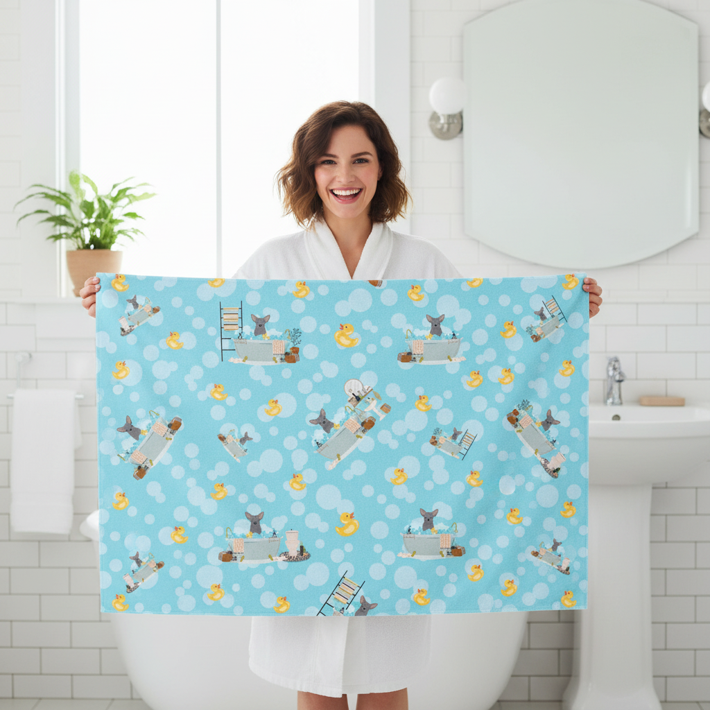 Woman holding up blue Chihuahua novelty bath towel