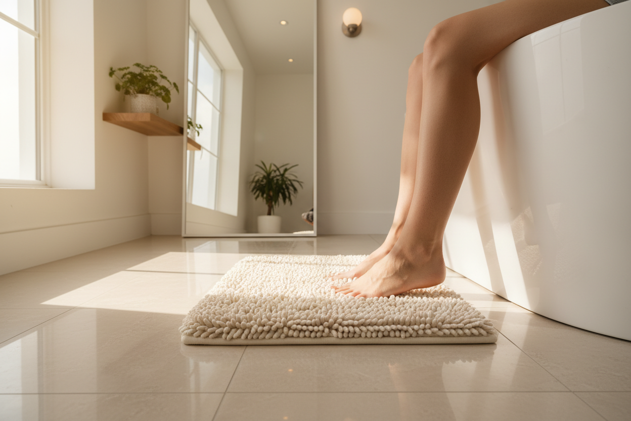 Beige microfiber bath mat lifestyle shot with bare feet stepping on mat