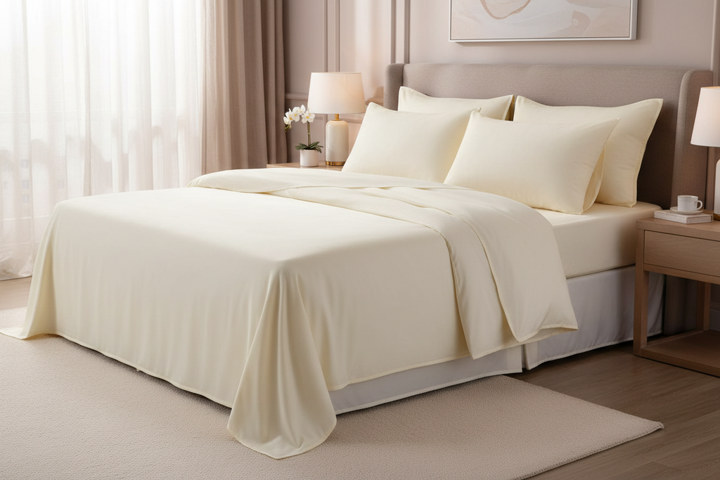 Ivory super king bed sheet set - side lifestyle angle with pillowcases