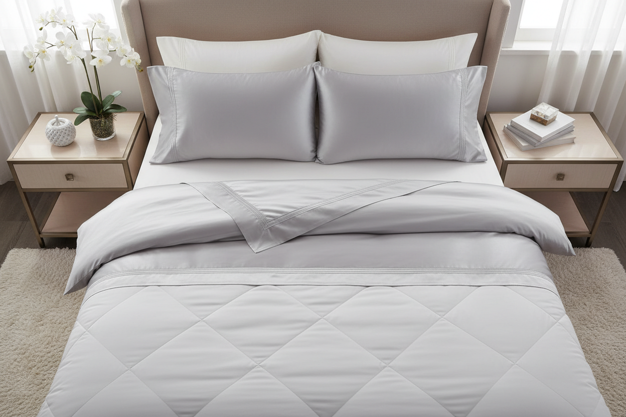 Silver 1000 thread count Egyptian cotton sateen king sheet set flat lay on king bed
