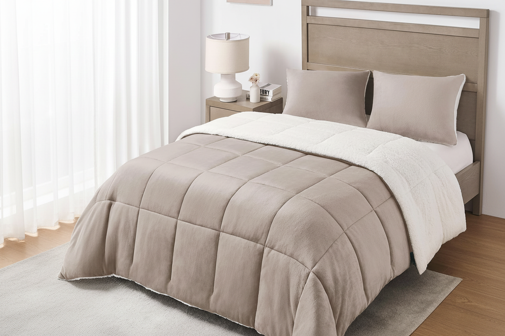 Sherpa sand comforter set styled in a bright spa-inspired hotel bedroom on a perfectly made king bed