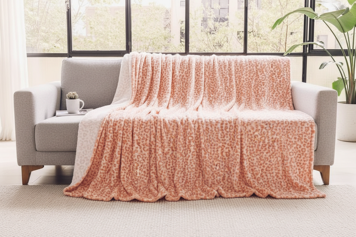 Blush pink leopard print fuzzy fleece throw blanket draped over a sofa in a bright living room