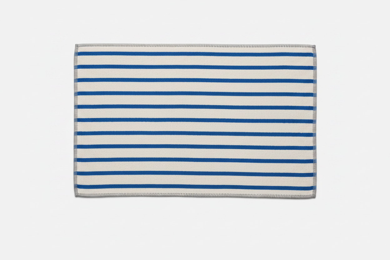 White and cobalt blue striped Turkish cotton bath mat flat lay product shot