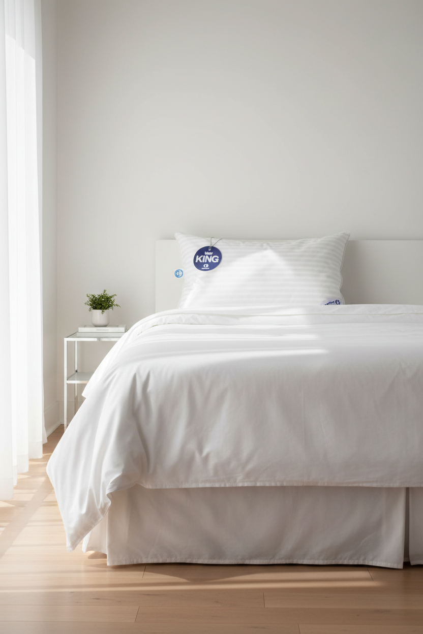 Luxury white goose down king pillow styled on a neatly made bed with crisp white linen in a bright minimal bedroom