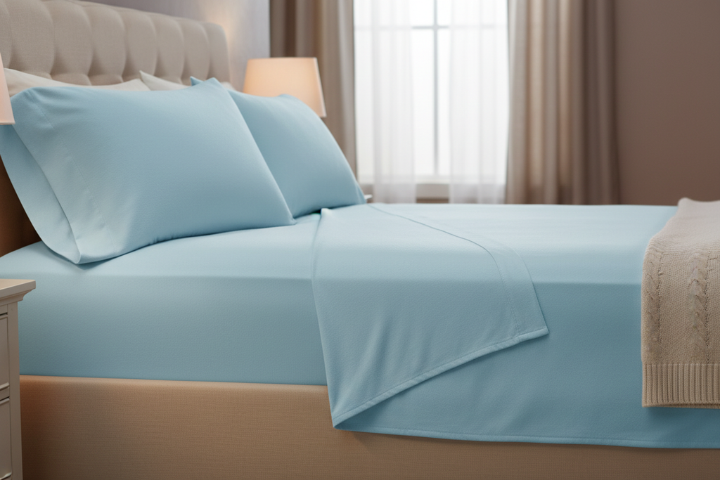 Light blue flannel sheet set side angle with fitted sheet tucked around mattress