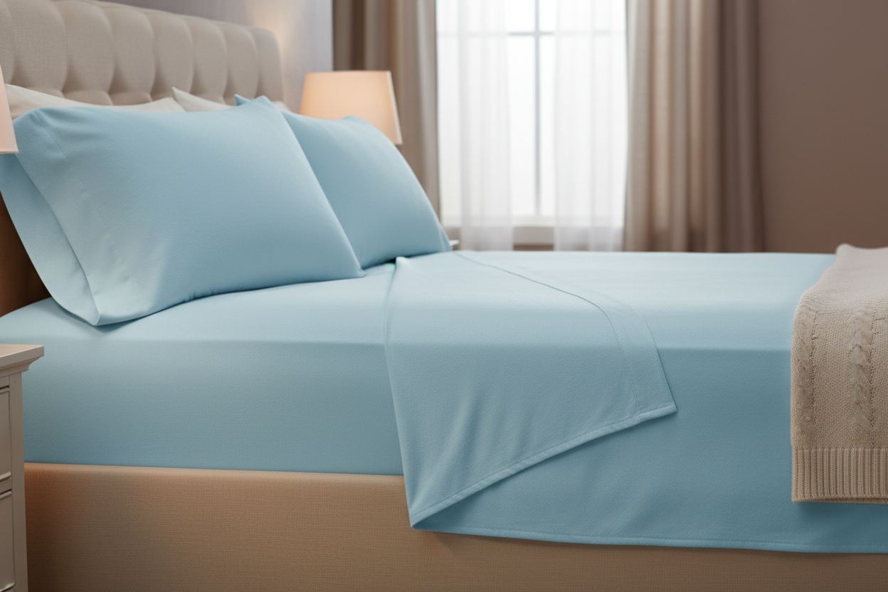 Light blue flannel sheet set side angle with fitted sheet tucked around mattress