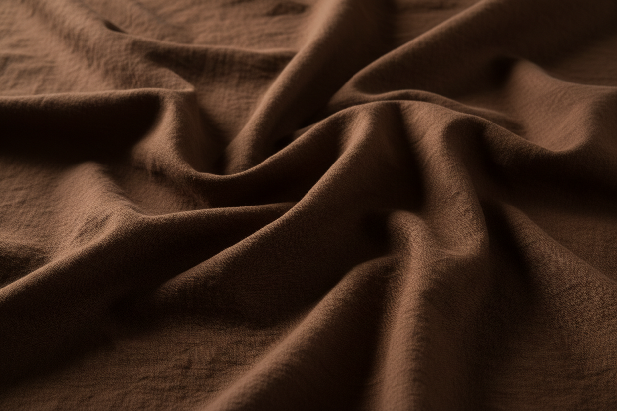 Close-up of rich brown washed cotton fabric showing natural crinkle texture