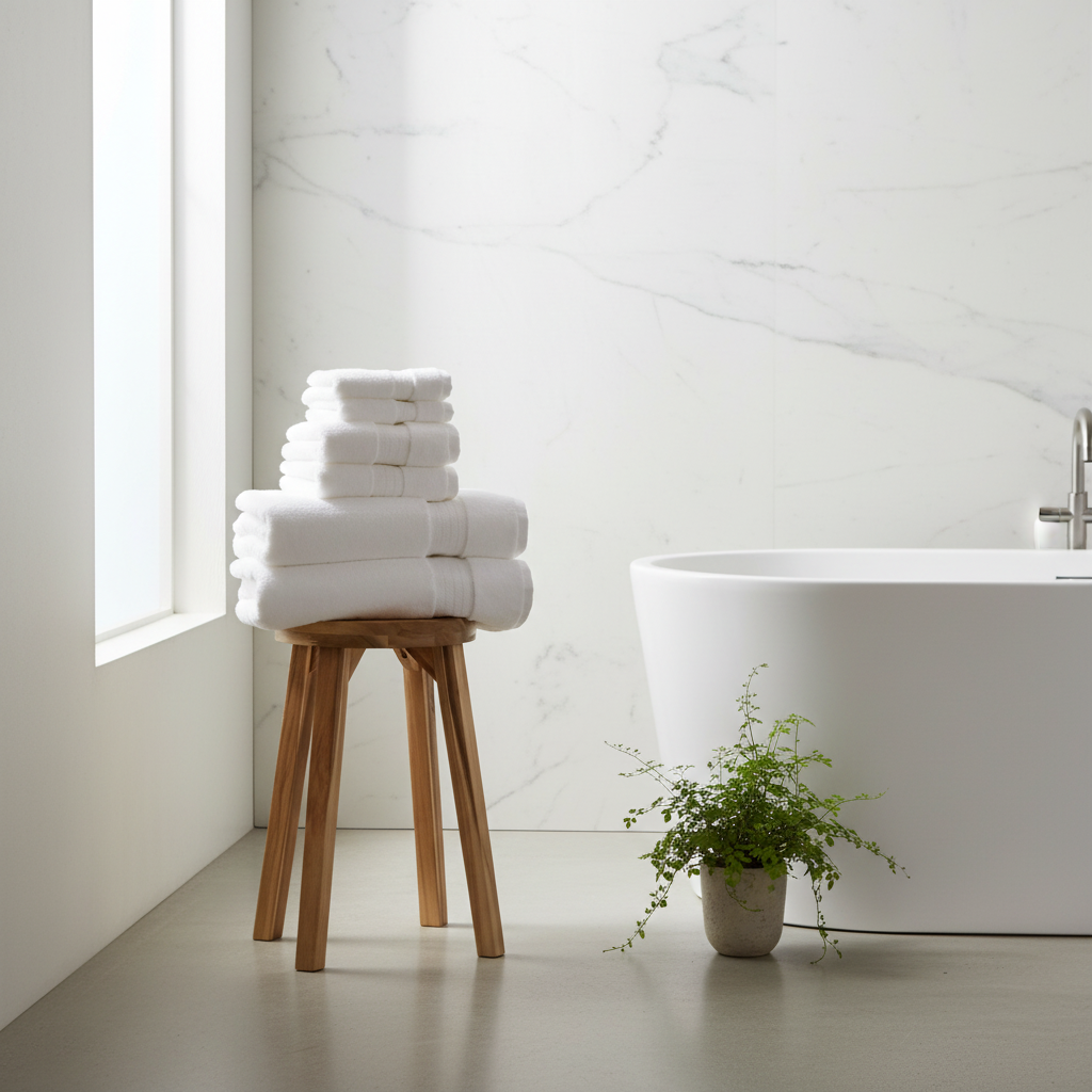 6-piece white organic cotton towel set stacked on wooden stool in spa bathroom