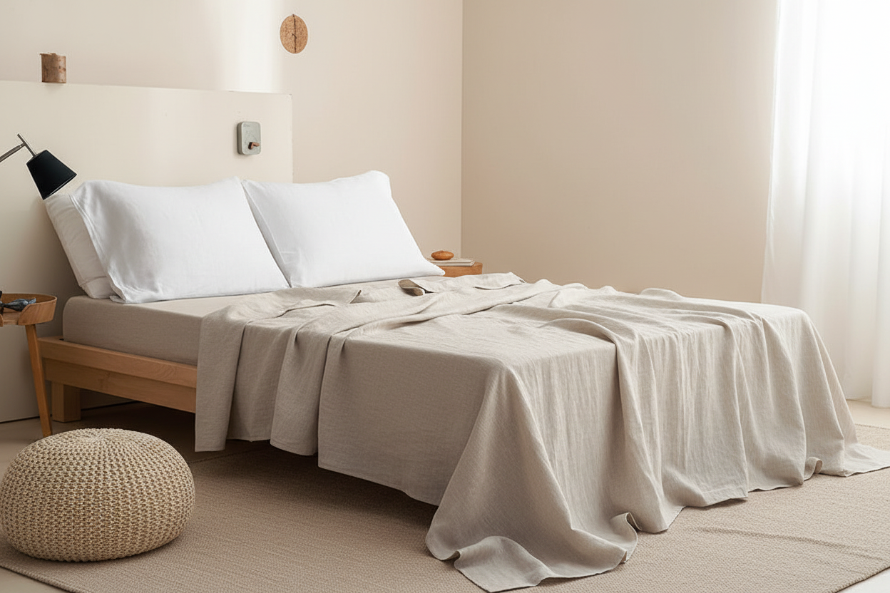 Natural linen flat sheet draped over bed edge showing relaxed drape
