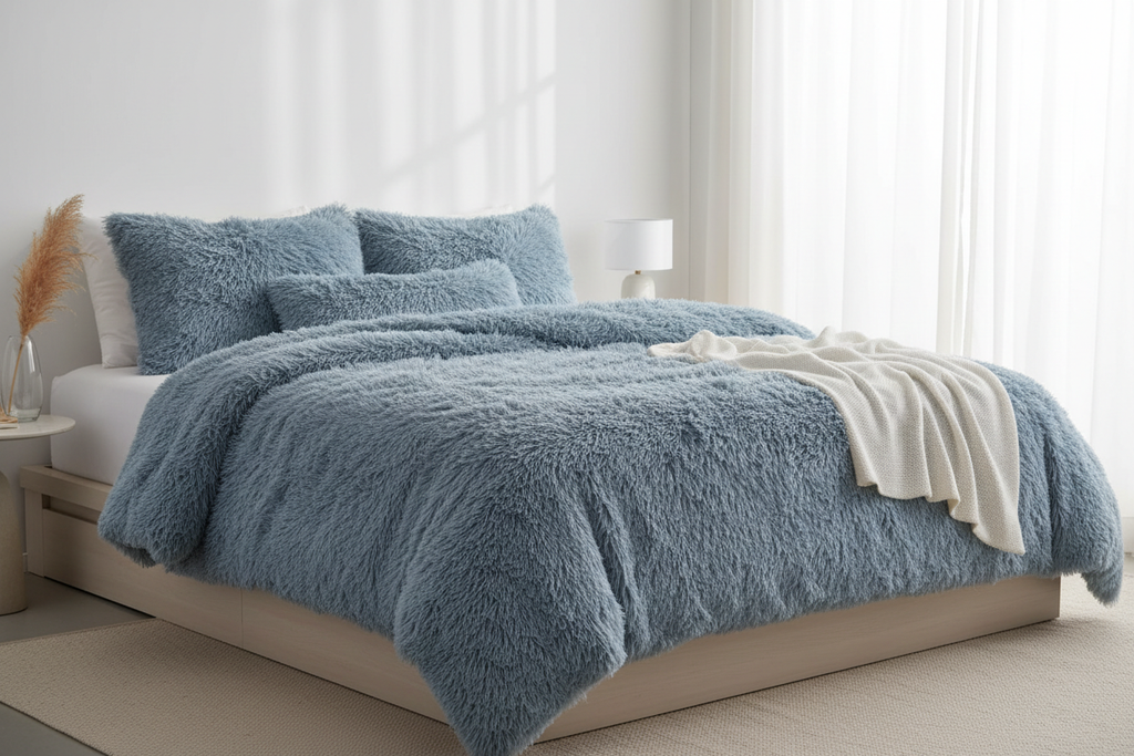 Y2K Plush Duvet Cover Set in Blue Grey - Styled Bedroom