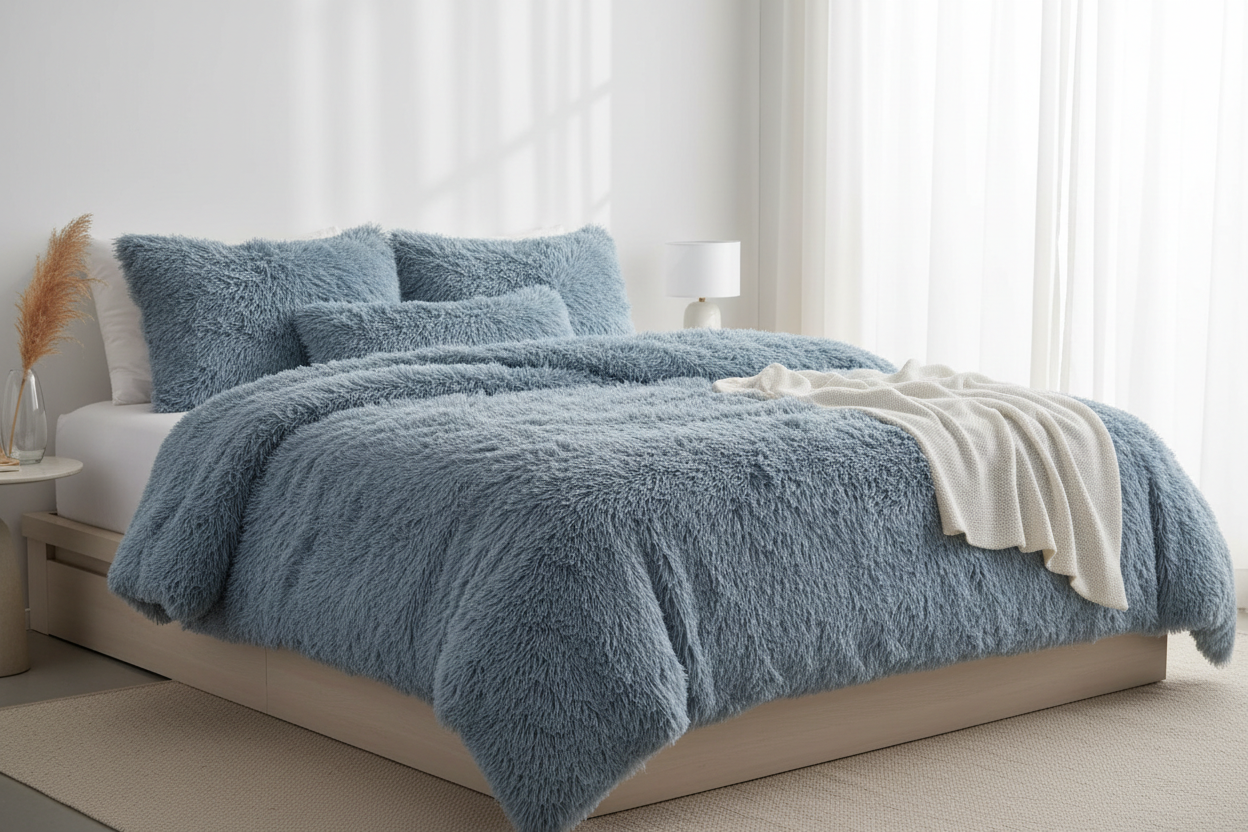 Y2K Plush Duvet Cover Set in Blue Grey - Styled Bedroom