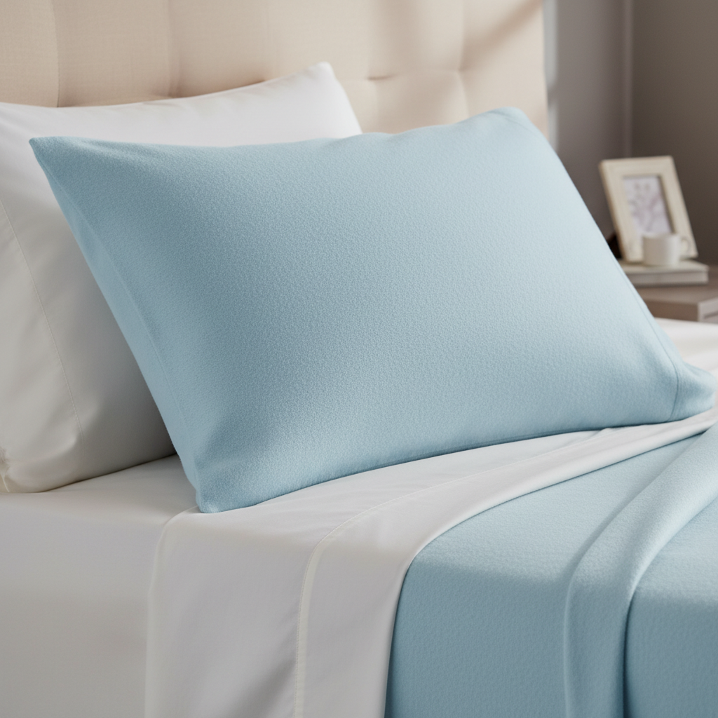 Light blue flannel cotton pillowcase close-up detail